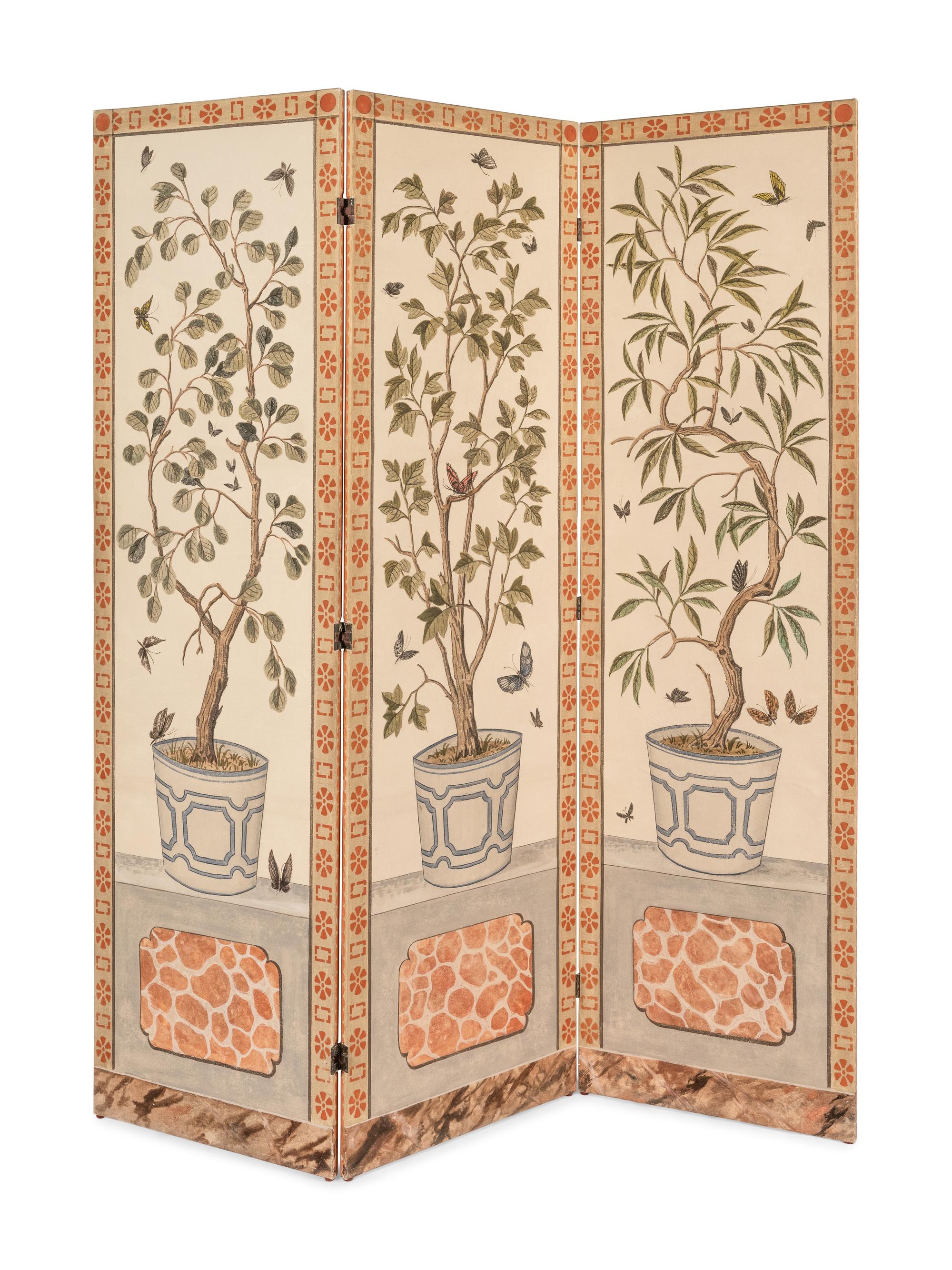 A Pair of Painted Three-Panel Screens