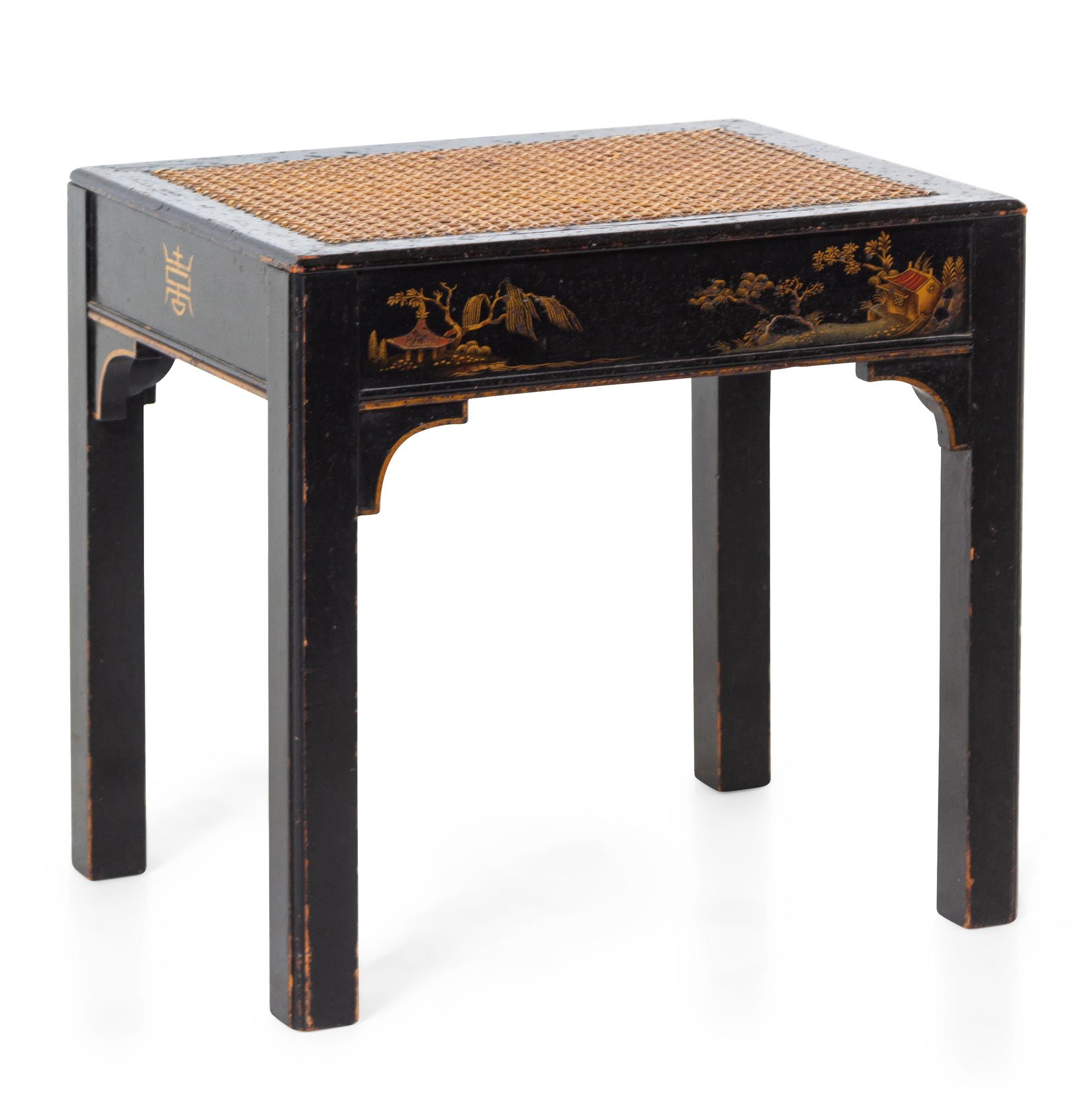 Ebonized Wood Stool with Cane Filled Seat