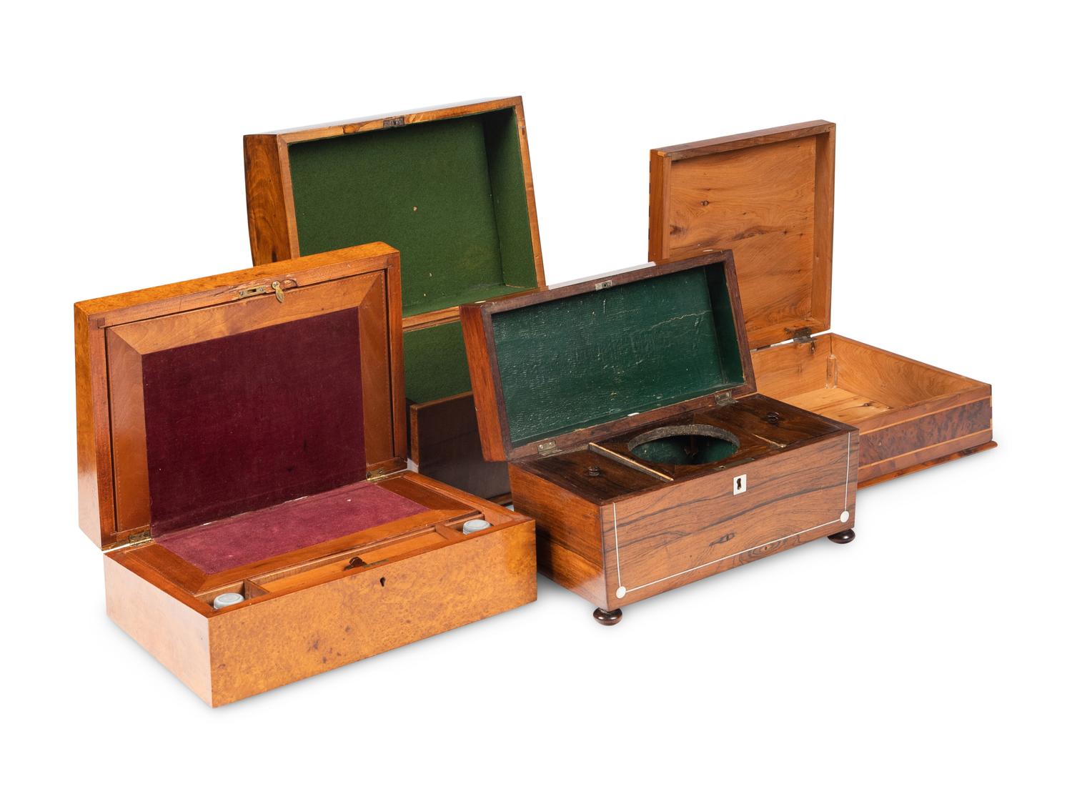 Four English Walnut, Burlwood and Mahogany Boxes