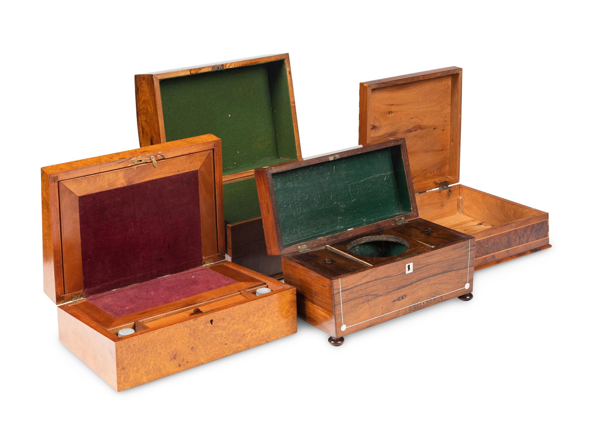 Four English Walnut, Burlwood and Mahogany Boxes