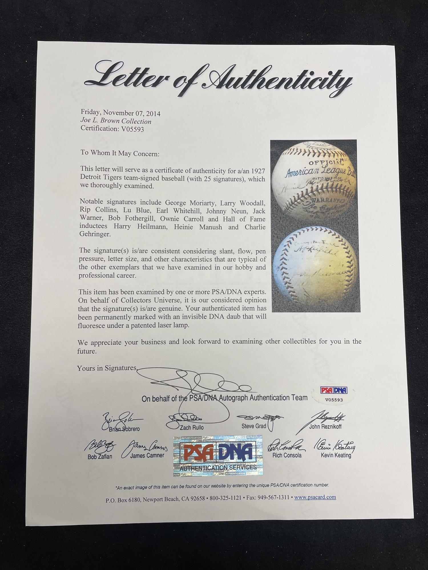 A 1927 Detroit Tigers Team Signed Autograph Baseball Featuring Hall of Famers Harry Heilmann, Heinie Manush and Charlie Gehringer (PSA Letter of Authenticity),