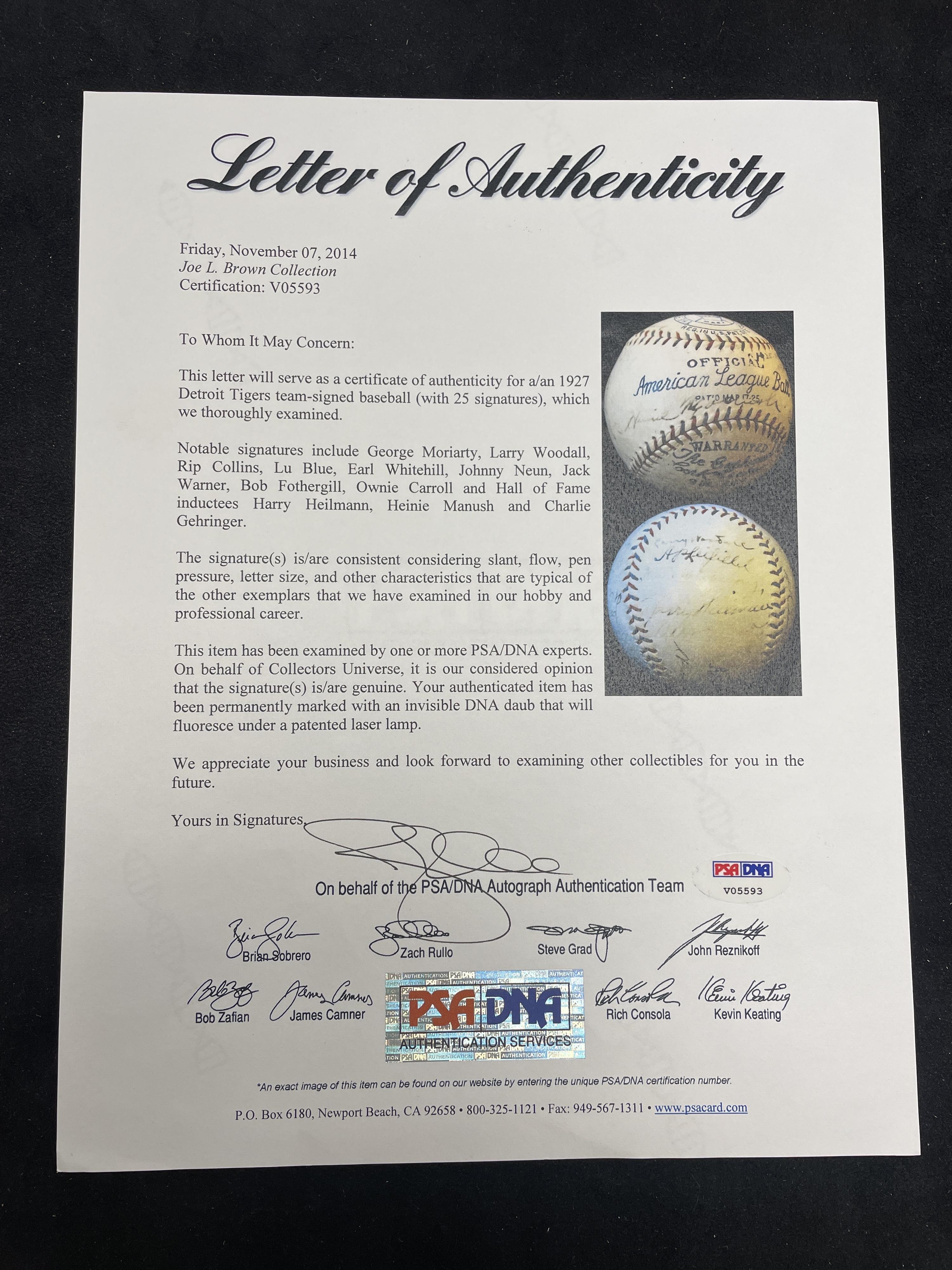 A 1927 Detroit Tigers Team Signed Autograph Baseball Featuring Hall of Famers Harry Heilmann, Heinie Manush and Charlie Gehringer (PSA Letter of Authenticity),