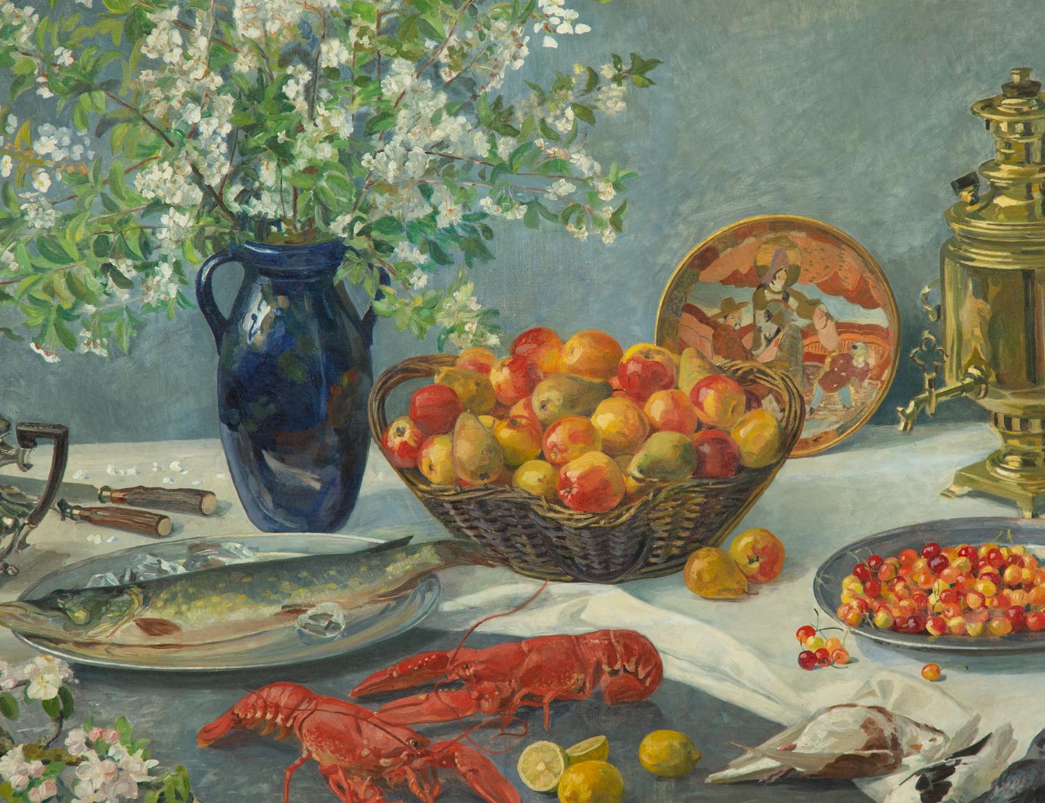 Still Life with Samovar, Blossoms in a Glass Vase, Strawberries in a Bowl, Game, Lobsters and Pineapples, 1927