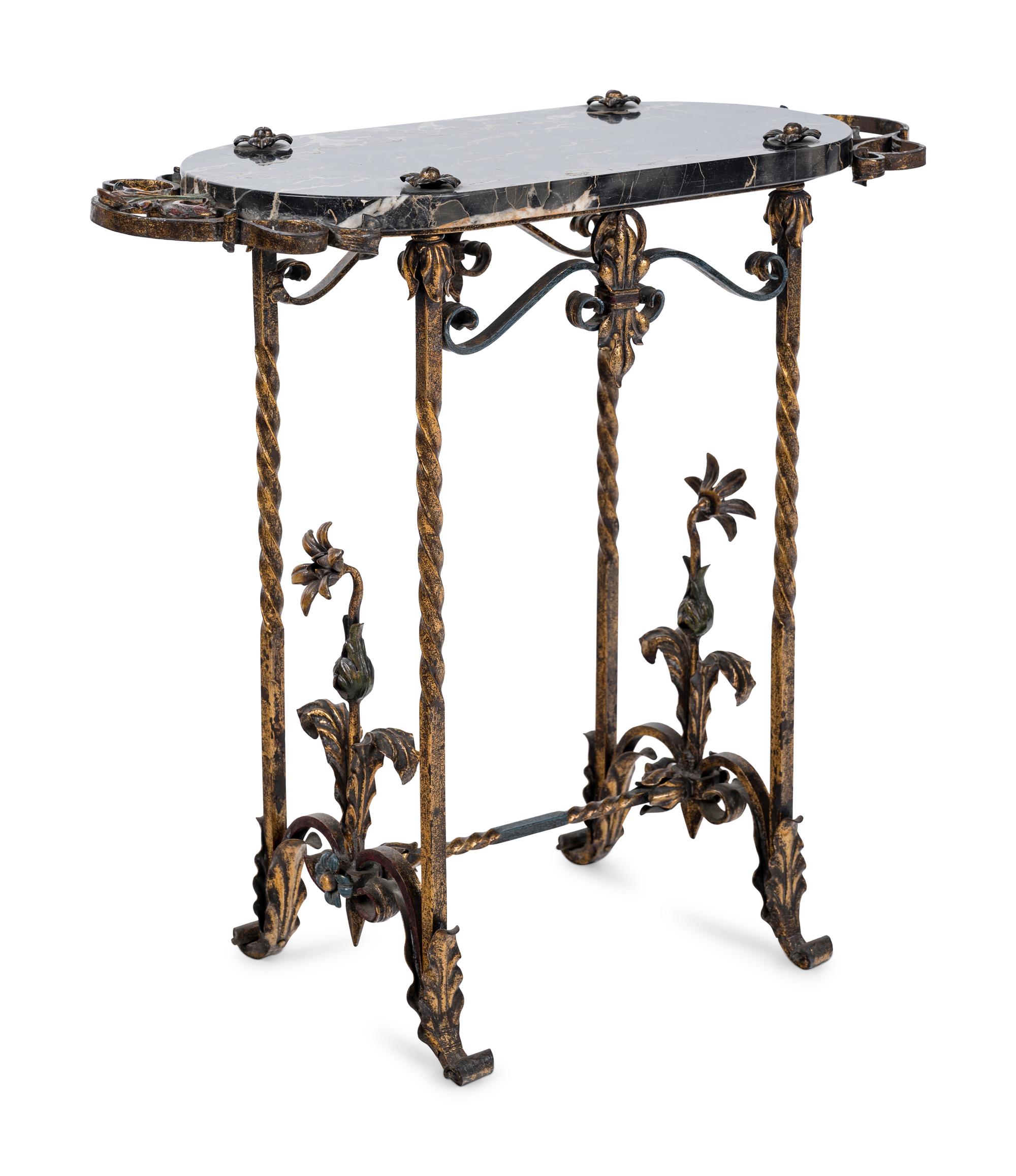 A Wrought Iron and Marble-Top Table