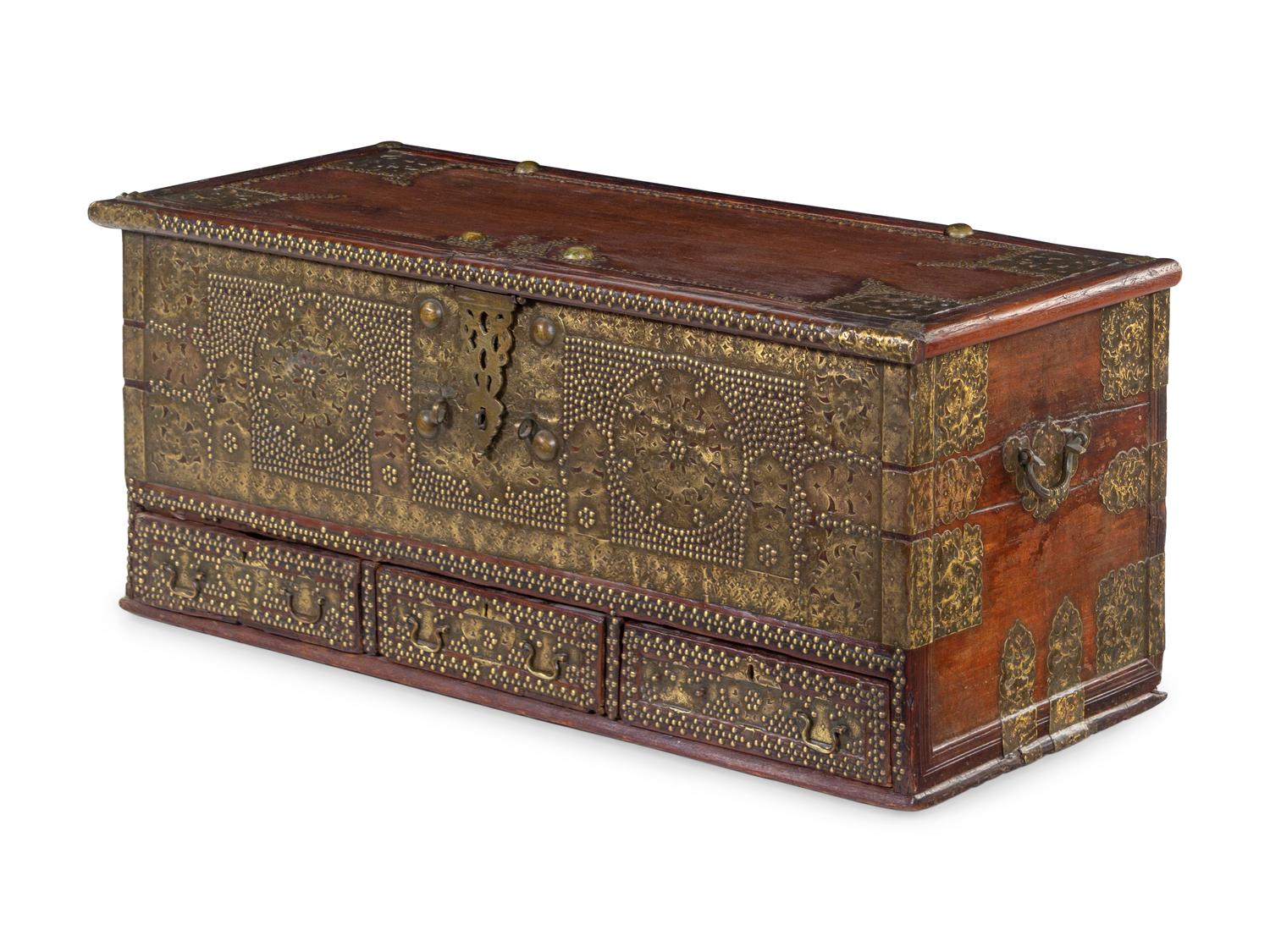 A Zanzibar Brass Decorated Teak Chest