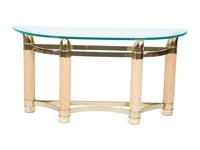 A Modern Fluted White Oak and Gilt Metal Demilune Glass Top Console Table — 20TH CENTURY