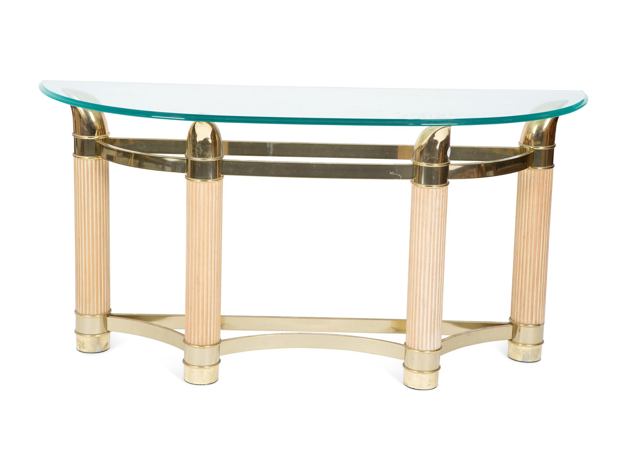 A Modern Fluted White Oak and Gilt Metal Demilune Glass Top Console Table — 20TH CENTURY