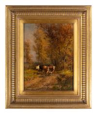 Untitled (figure guiding cattle down path)