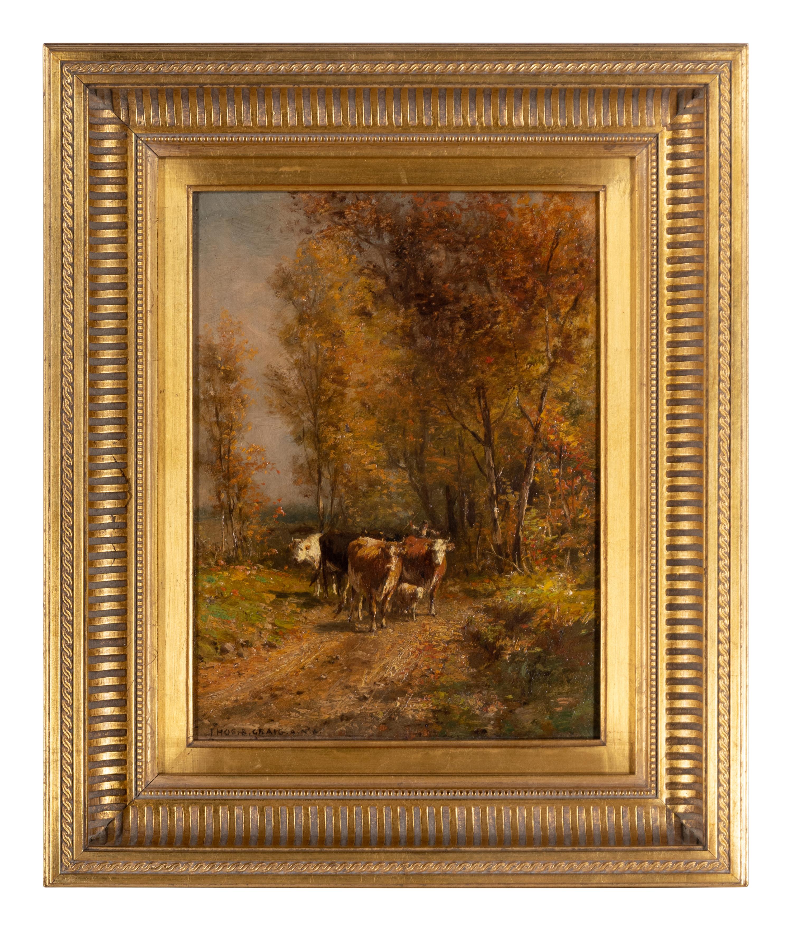 Untitled (figure guiding cattle down path)