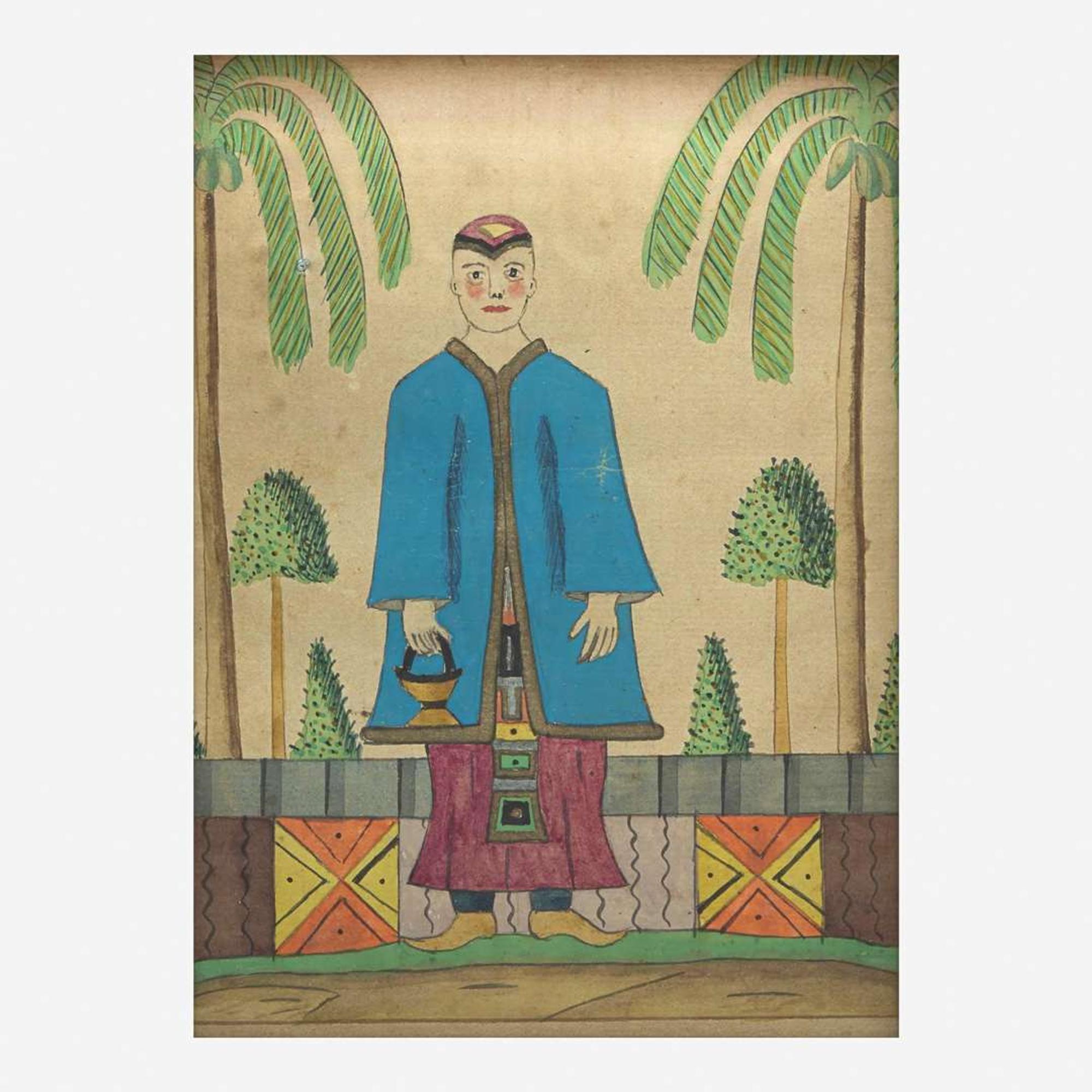 A rare Schwenkfelder drawing: A Gentleman in Chinese attire, circa 1830 Attributed to the Exotic Scenery Artist, Montgomery County, PA, circa 1830