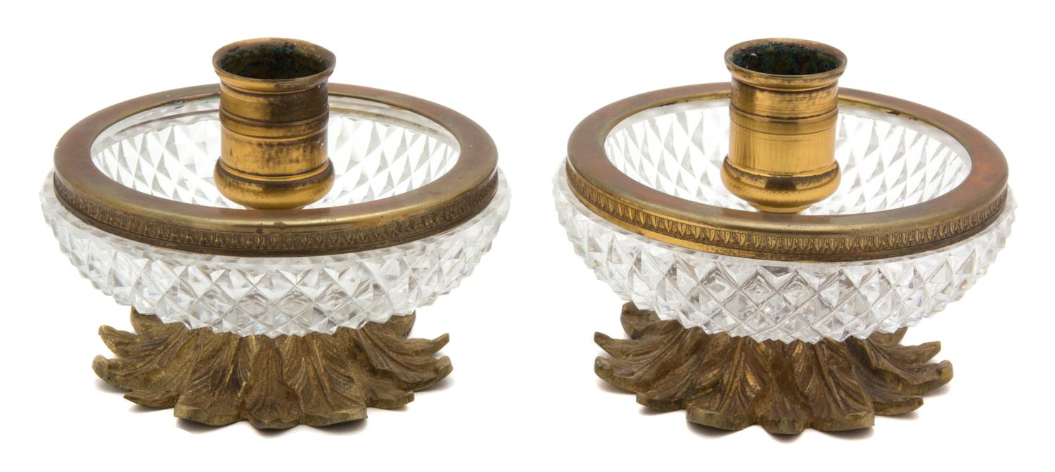 A Pair of Gilt Metal and Diamond Cut Crystal Candlesticks Height 3 x diameter 4 inches. — 20TH CENTURY