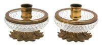 A Pair of Gilt Metal and Diamond Cut Crystal Candlesticks Height 3 x diameter 4 inches. — 20TH CENTURY