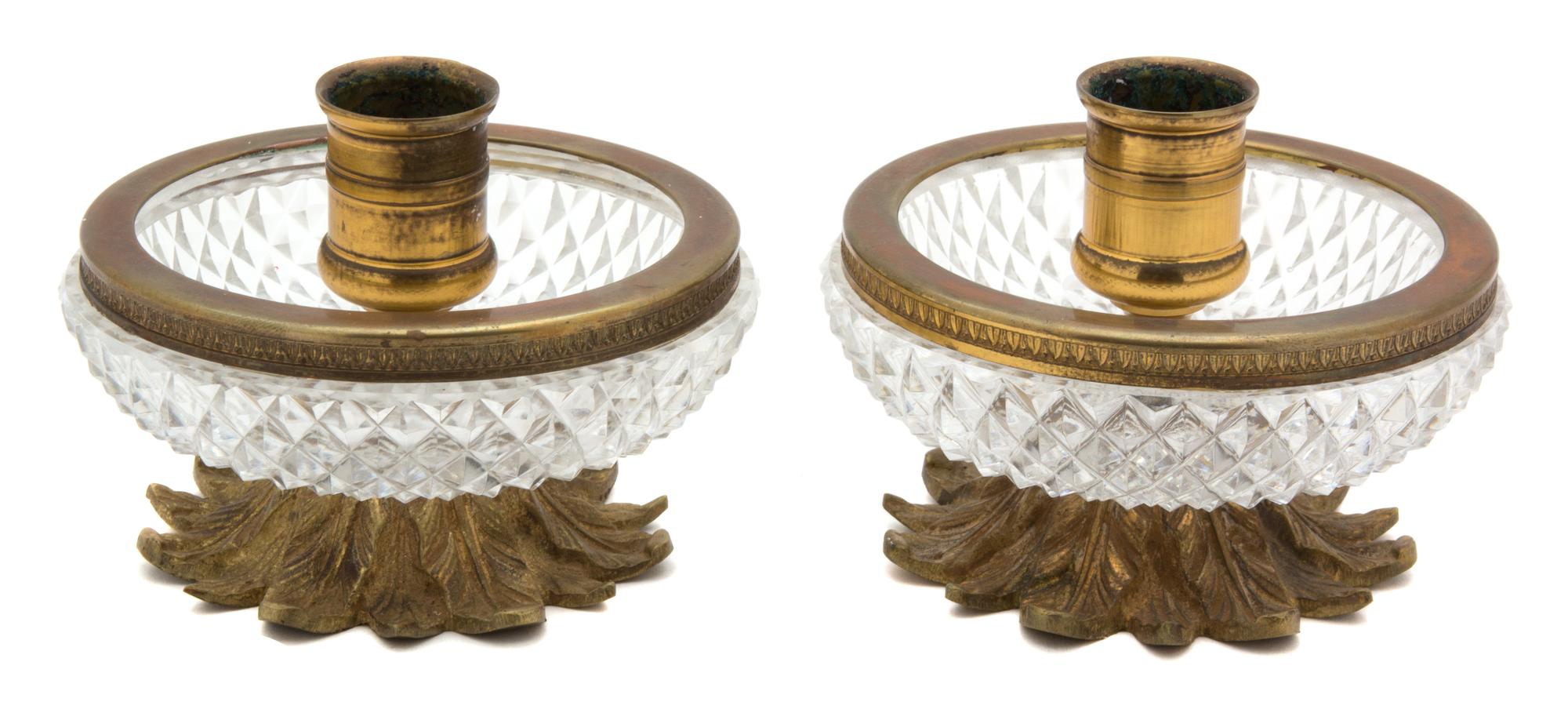 A Pair of Gilt Metal and Diamond Cut Crystal Candlesticks Height 3 x diameter 4 inches. — 20TH CENTURY