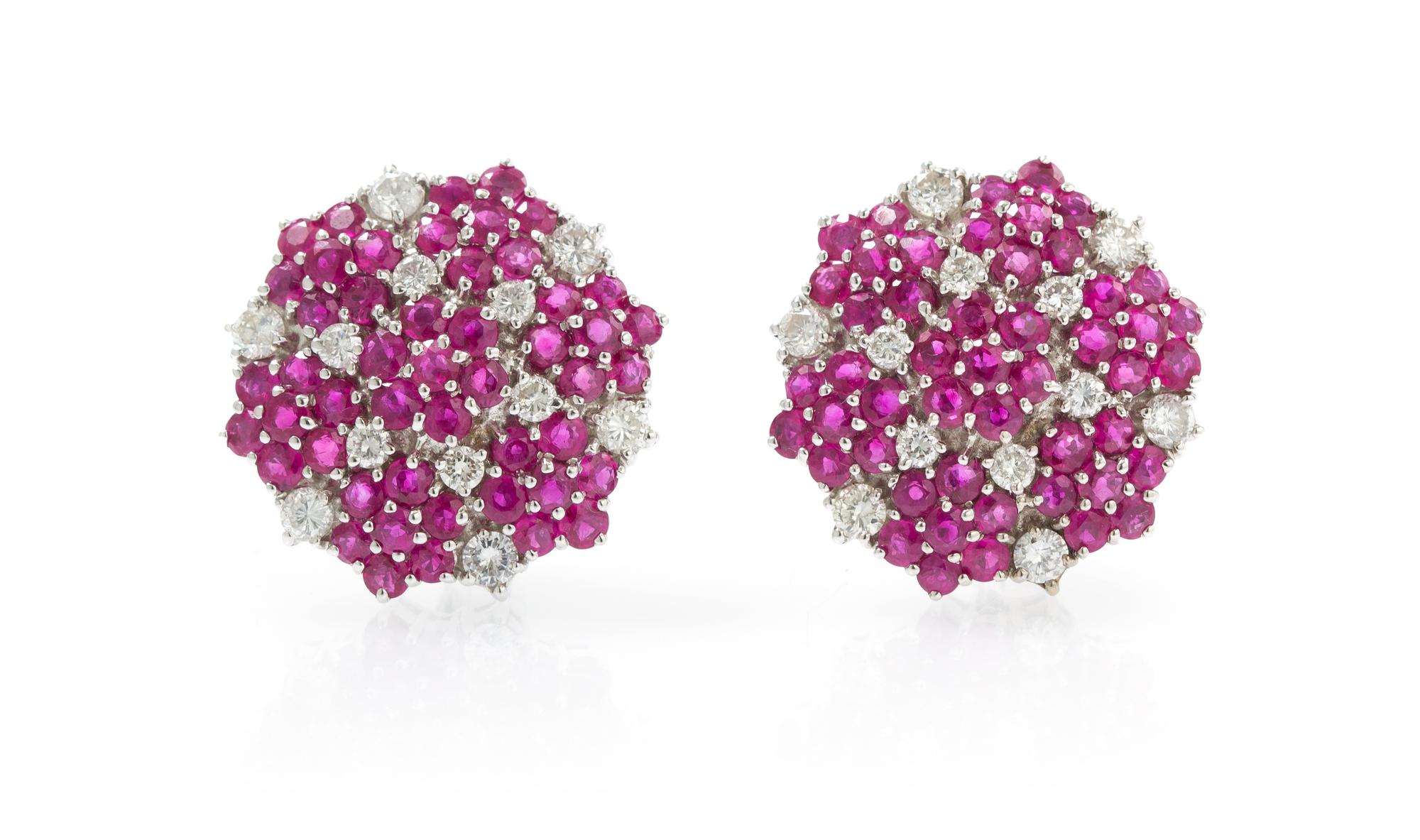 A Pair of 18 Karat White Gold, Ruby and Diamond Earclips, 13.00 dwts.