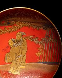 A Set of Three Japanese Gilt Decorated Red Lacquered Stem Dishes