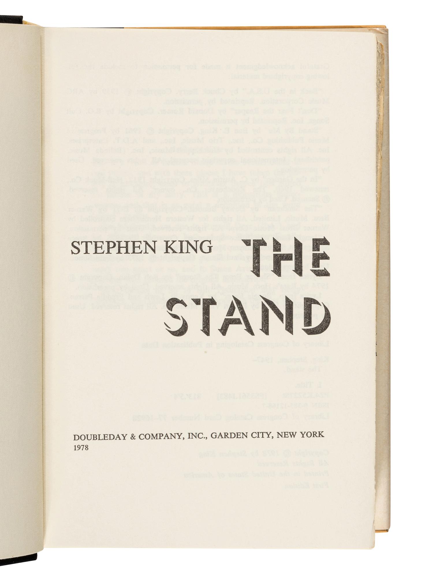 KING, Stephen (b. 1947). The Stand . Garden City, New York: Doubleday and Company, 1978.