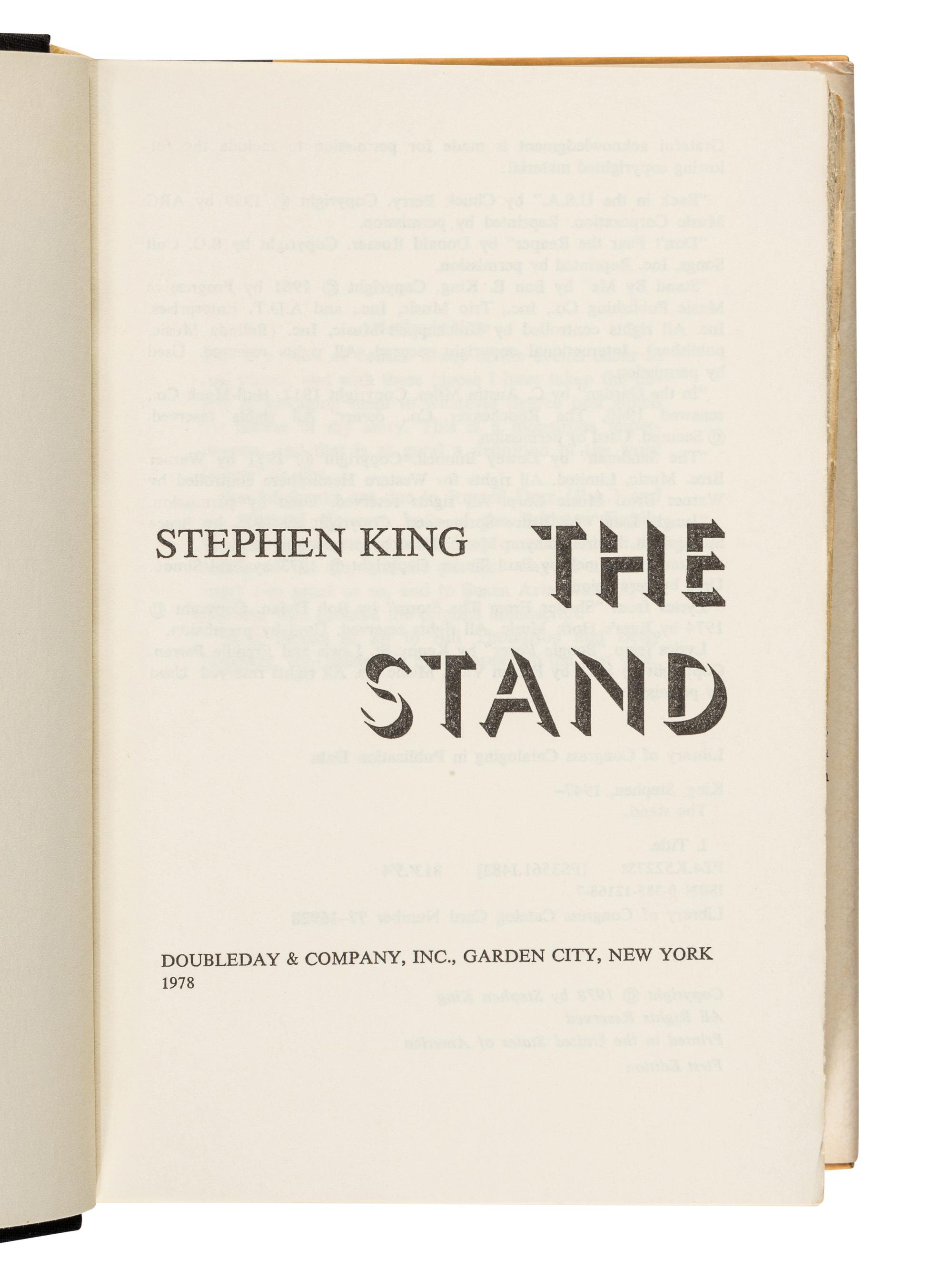 KING, Stephen (b. 1947). The Stand . Garden City, New York: Doubleday and Company, 1978.