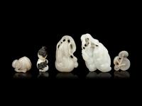 Five Chinese Carved Celadon Jade Figures of Fruits