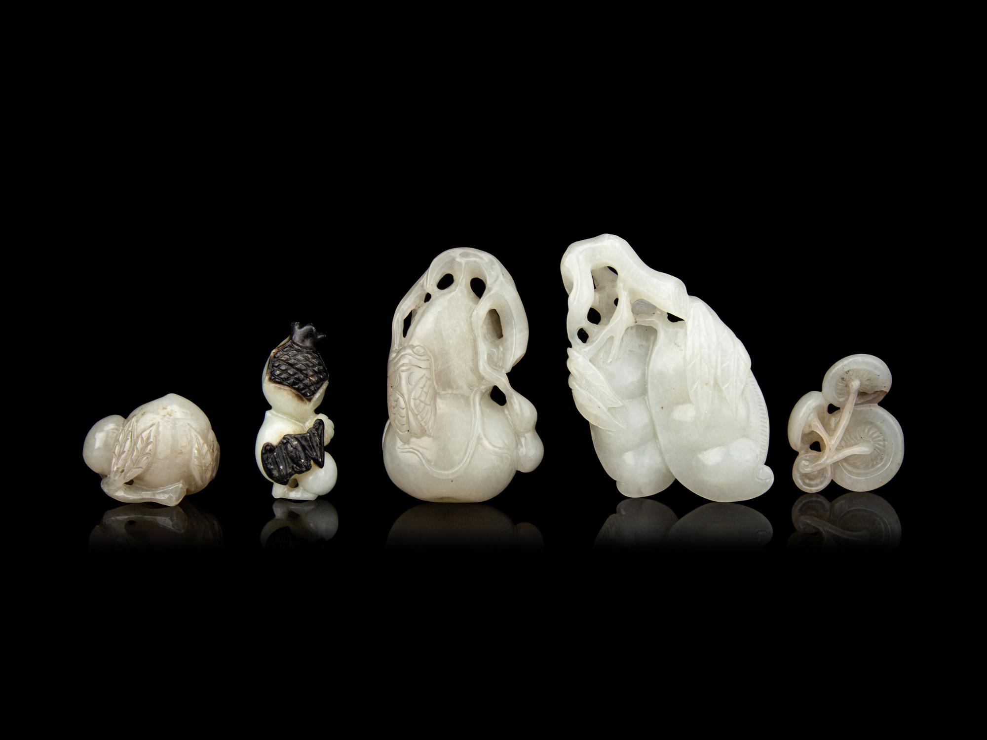 Five Chinese Carved Celadon Jade Figures of Fruits