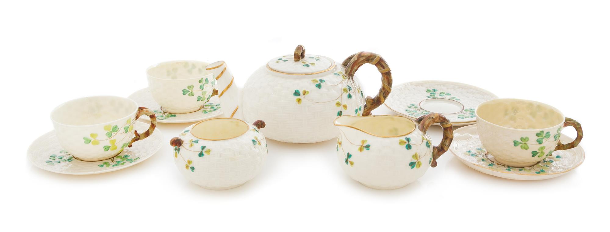 A Belleek Basketweave Shamrock Tea Service Width of teapot 8 inches. — SECOND BLACK MARK (1891-1926)
