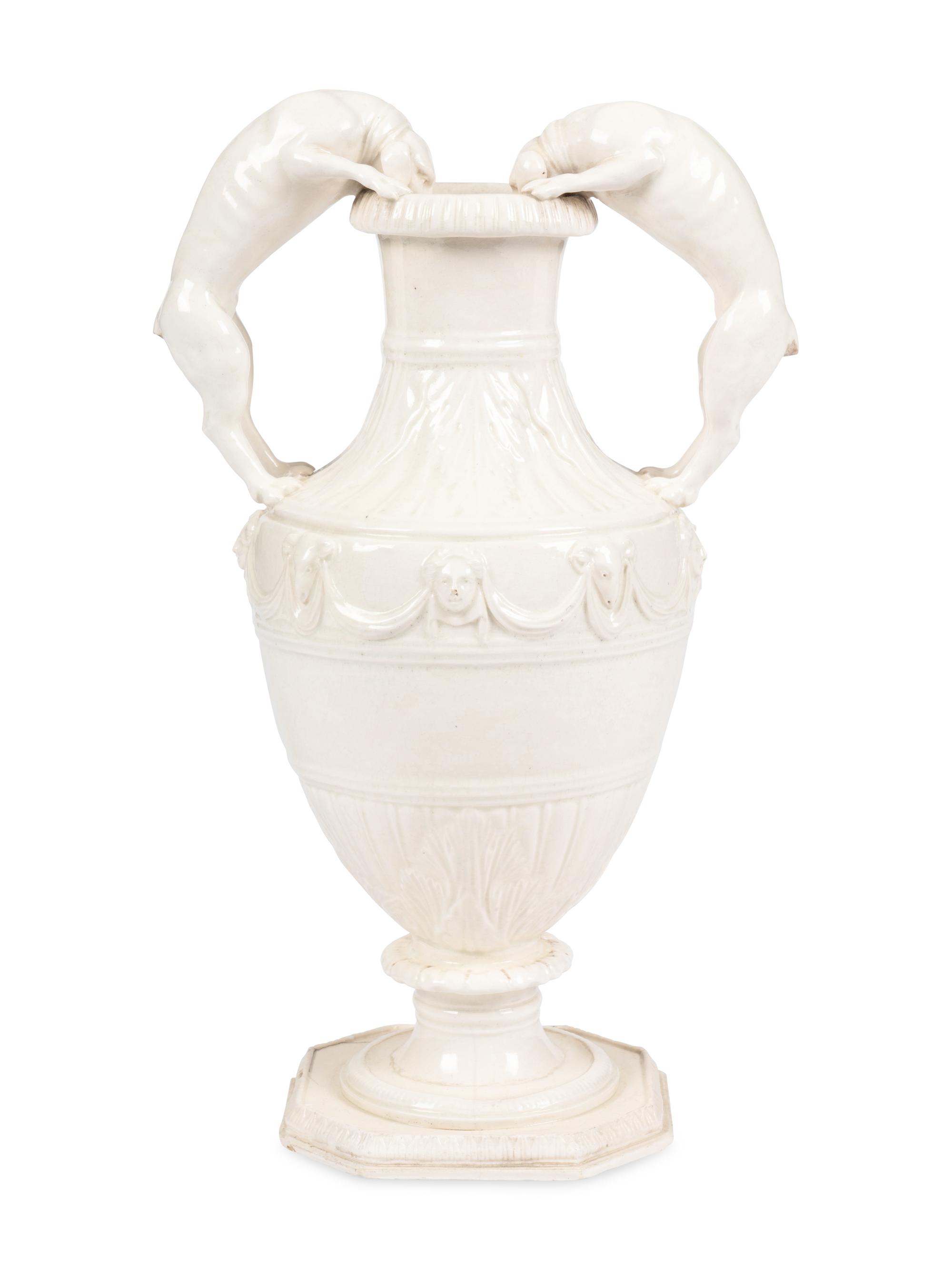 An English Creamware Vase With Dog Handles