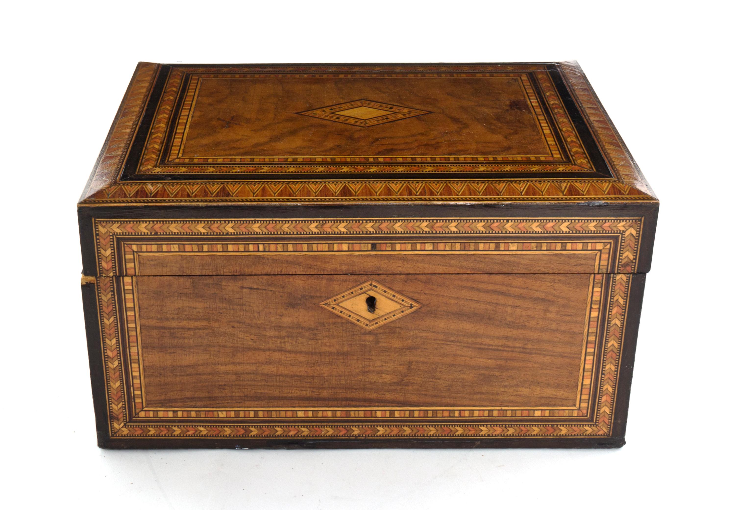 A Victorian Walnut and Parquetry Work Box, Width 11 inches.