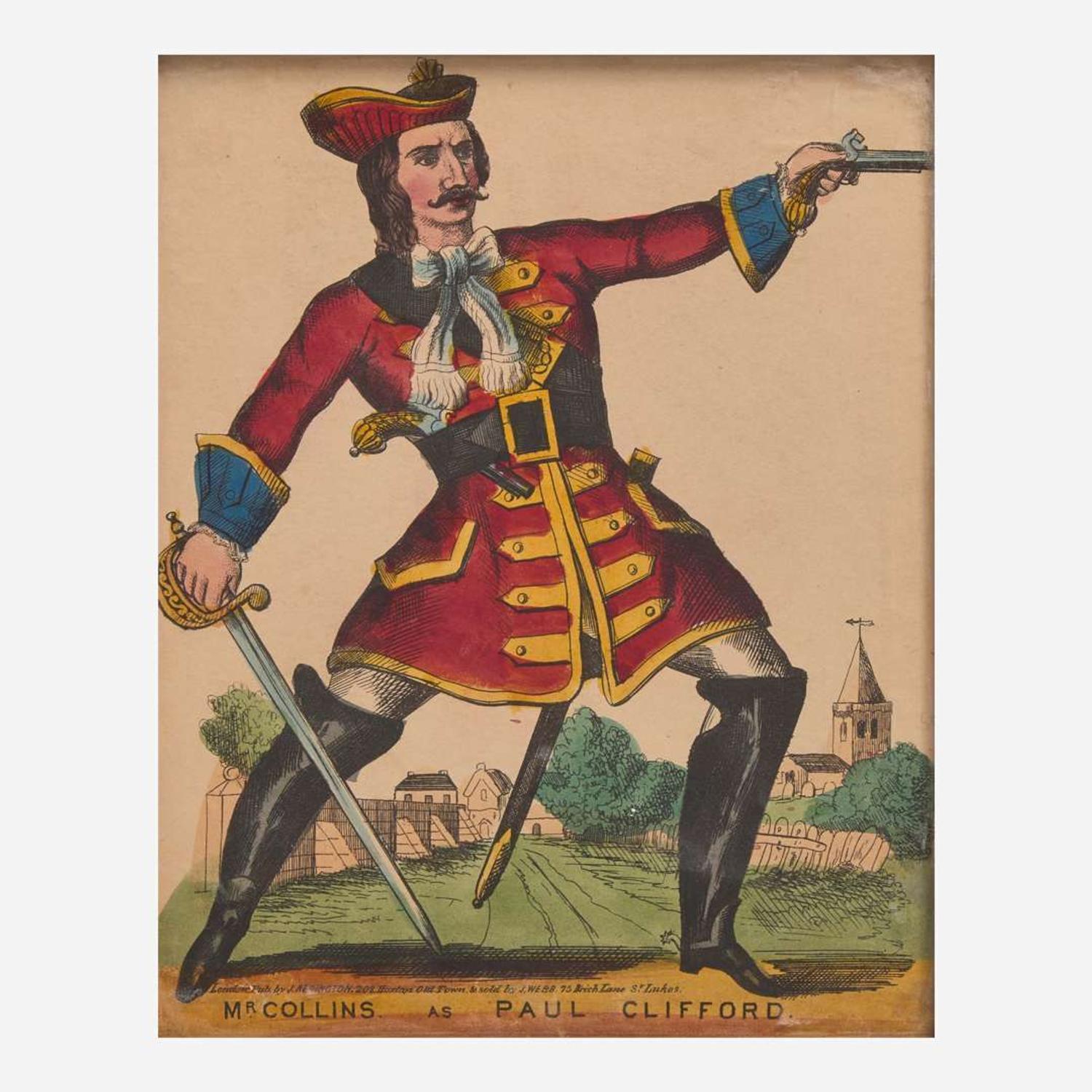 A group of four English "tinsel" dressed figures or prints depicting historical figures 19th century