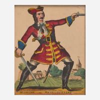A group of four English "tinsel" dressed figures or prints depicting historical figures 19th century
