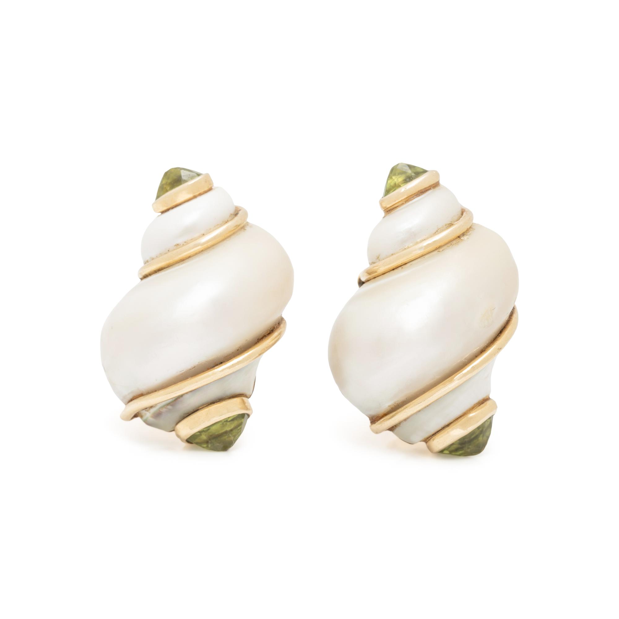 SEAMAN SCHEPPS, YELLOW GOLD, TURBO SHELL, AND PERIDOT EARRINGS