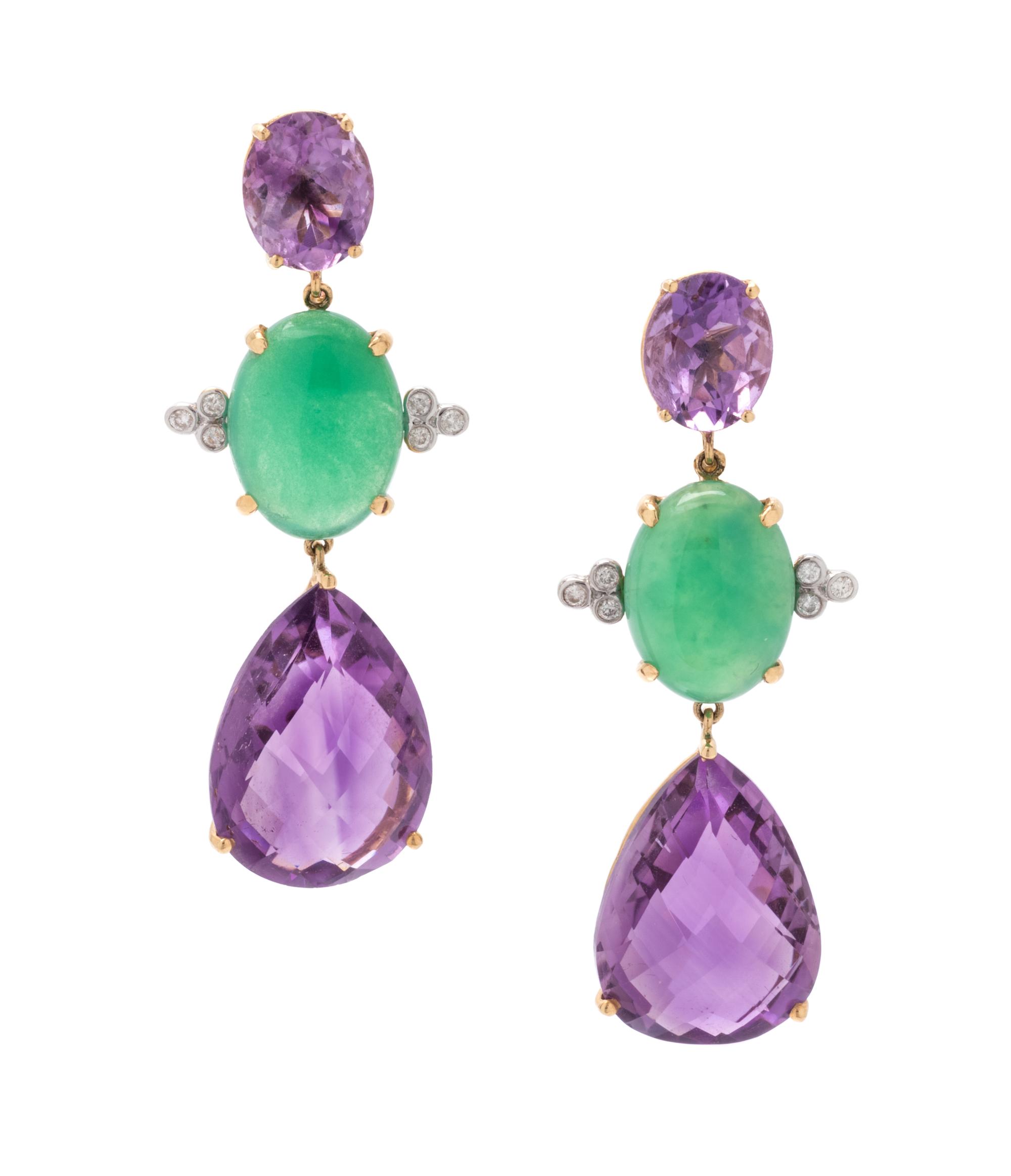AMETHYST, GREEN HARDSTONE AND DIAMOND EARCLIPS