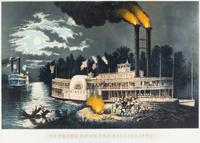 CURRIER & IVES. Wooding Up the Mississippi. New York, 1863. Lithograph with hand-coloring. Framed.