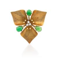A Retro 14 Karat Yellow Gold, Jade and Diamond Brooch, 8.80 dwts.