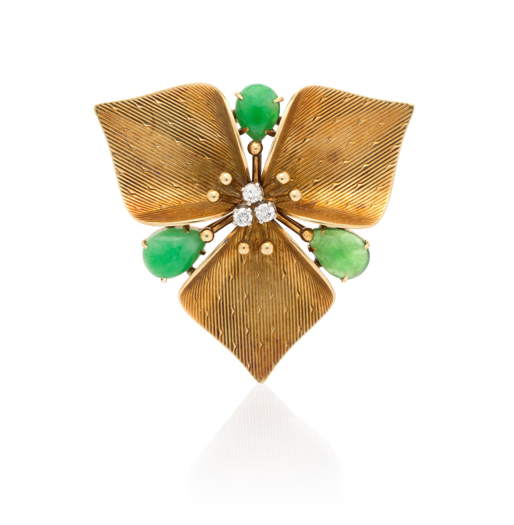 A Retro 14 Karat Yellow Gold, Jade and Diamond Brooch, 8.80 dwts.