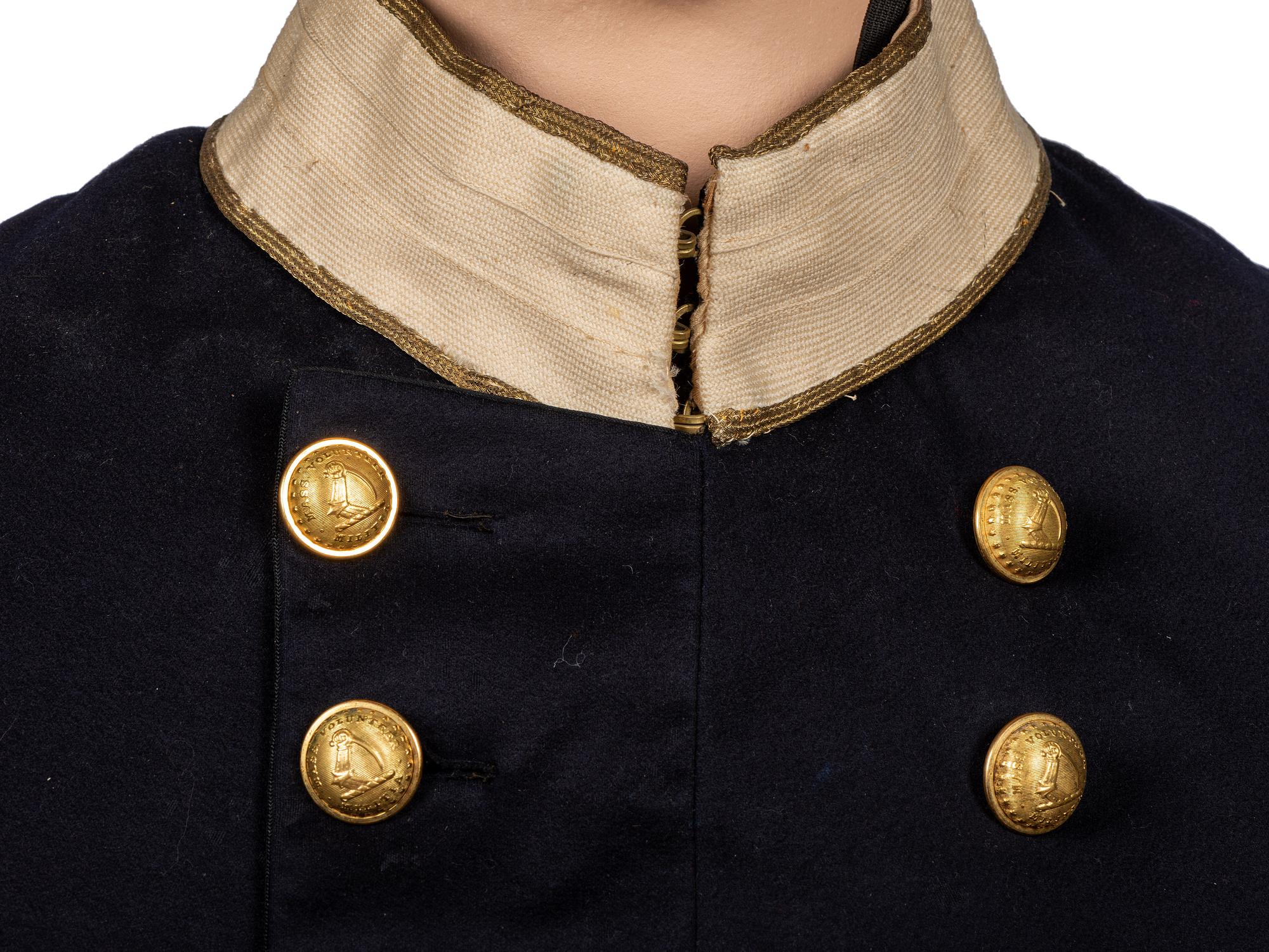 [MILITIA]. Frock coat and Model 1851 shako with original box identified to Massachusetts Militia Brigadier General Eliab Ward.