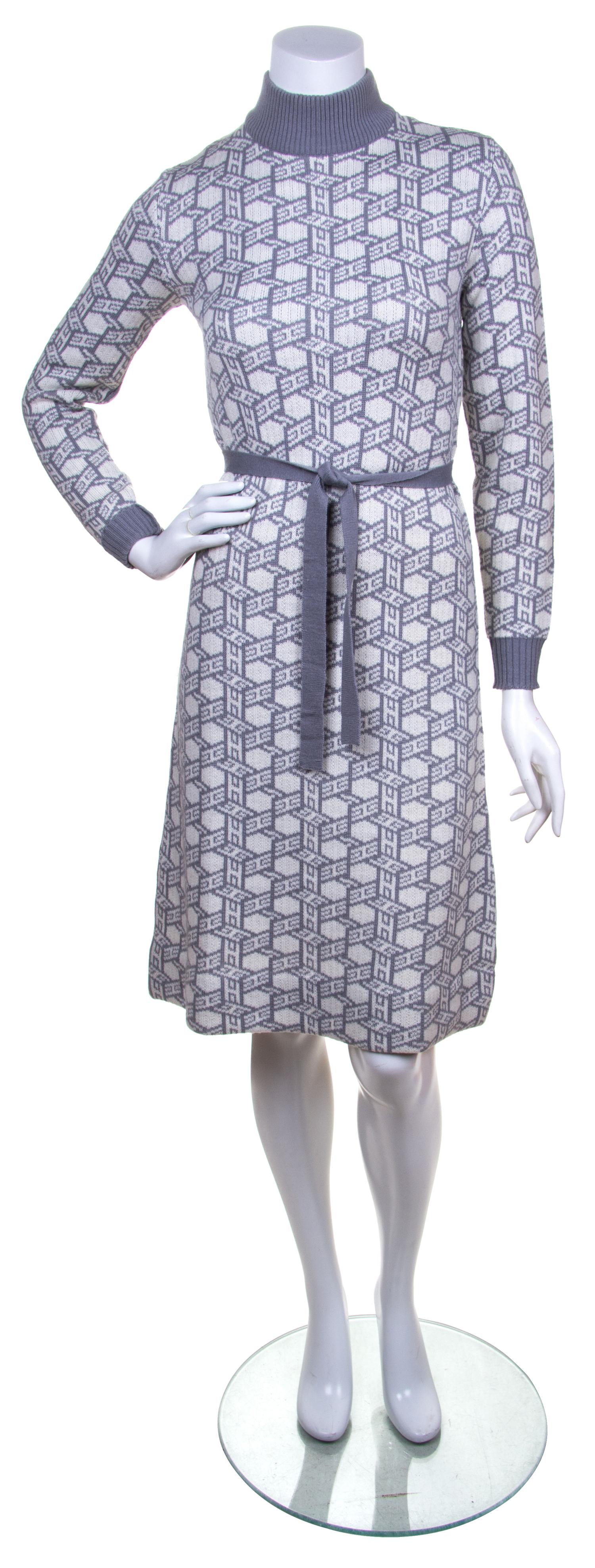 An Hermes Cream and Grey Cashmere Blend Dress Ensemble, Dress size 40, cardigan size 38.