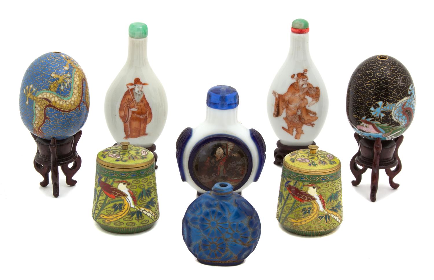 A Group of Chinese Enameled Eggs and Snuff Bottles Height of largest 3 1/4 inches. — 19TH/20TH CENTURY