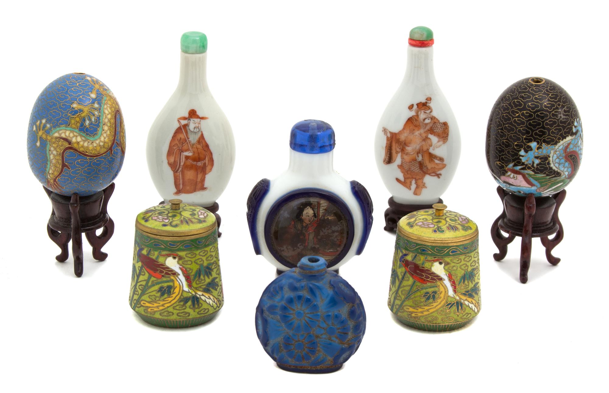 A Group of Chinese Enameled Eggs and Snuff Bottles Height of largest 3 1/4 inches. — 19TH/20TH CENTURY