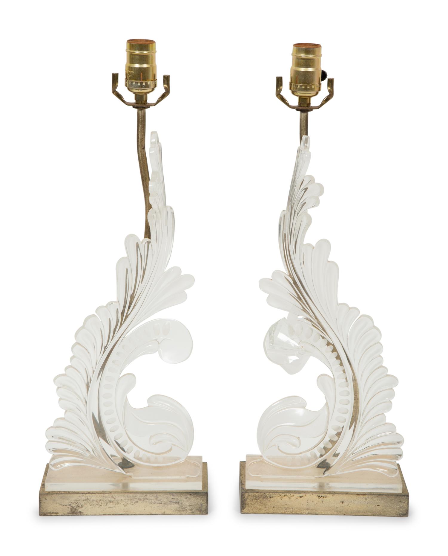 A Pair of Acrylic Foliate Scroll Table Lamps