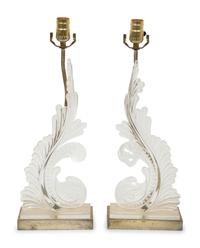 A Pair of Acrylic Foliate Scroll Table Lamps