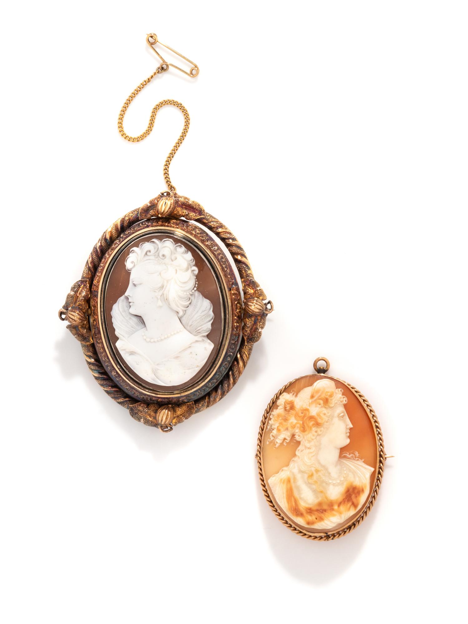 TWO SHELL CAMEO BROOCH PENDANTS