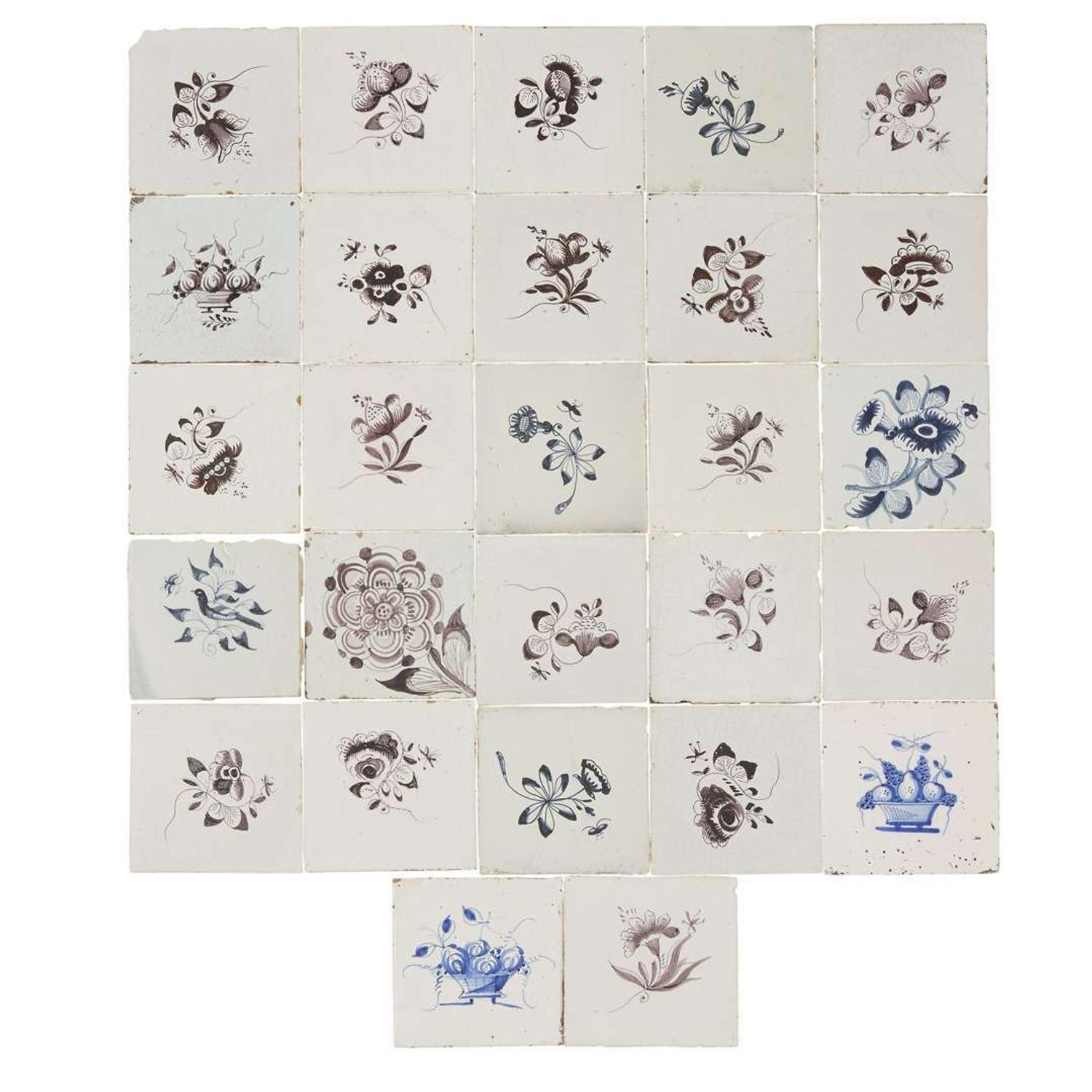 Group of twenty-seven Dutch Delft blue and manganese tiles 17th/18th century
