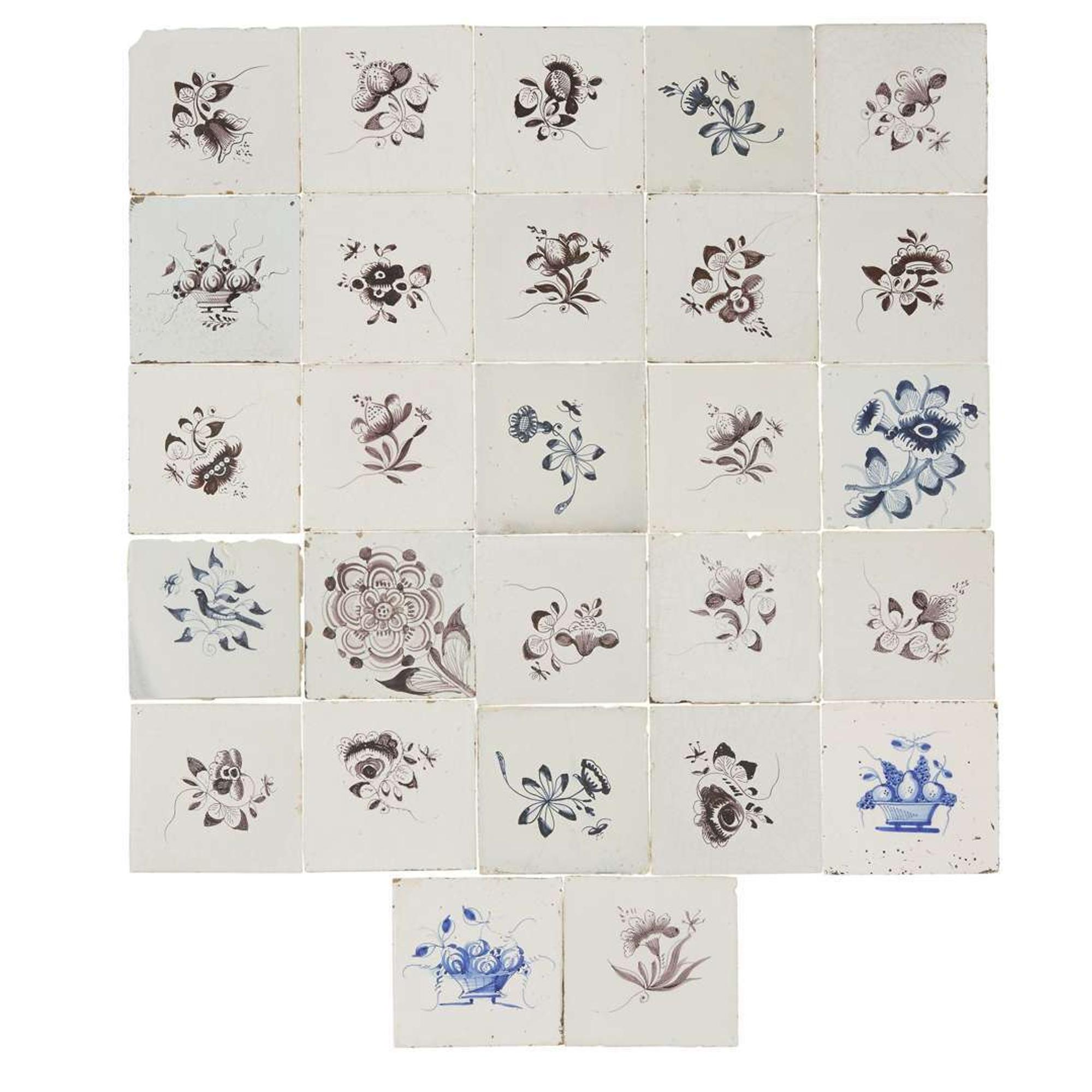 Group of twenty-seven Dutch Delft blue and manganese tiles 17th/18th century