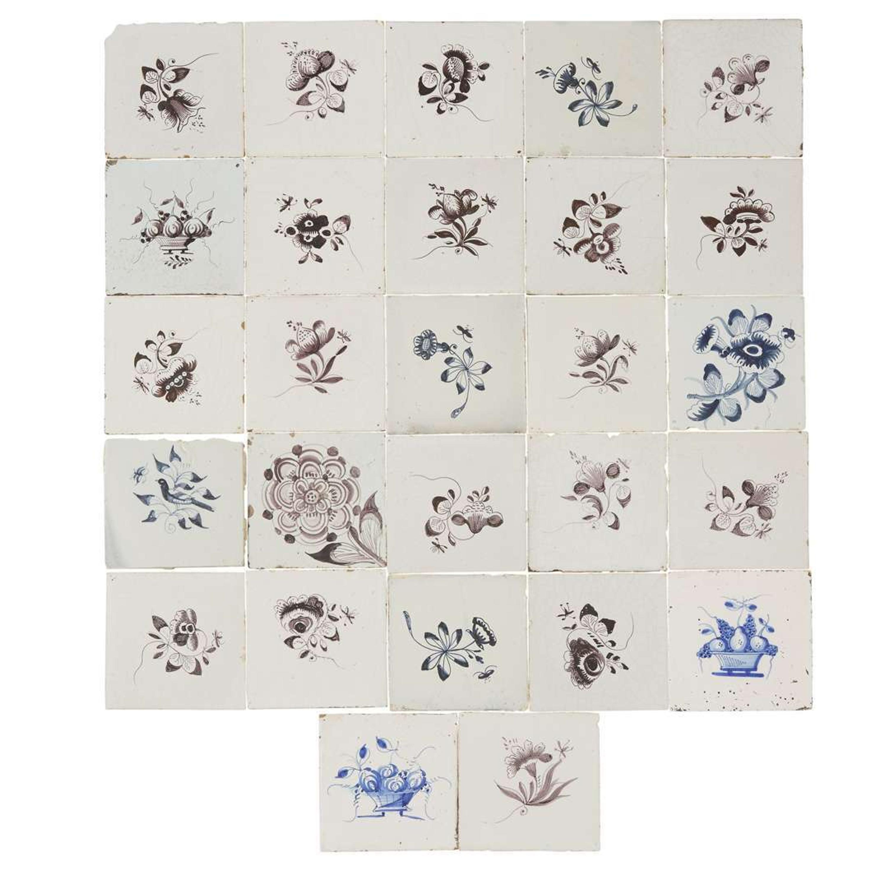 Group of twenty-seven Dutch Delft blue and manganese tiles 17th/18th century