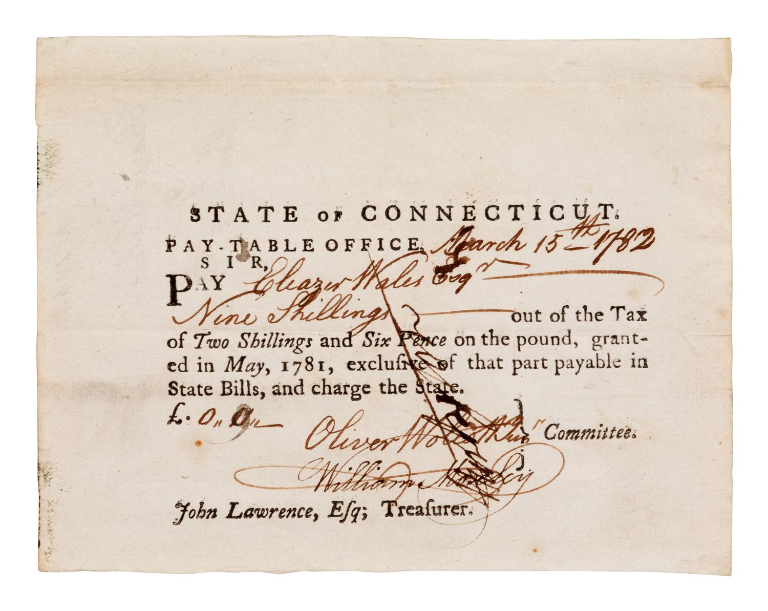 WOLCOTT, Oliver (1726-1797), signer of the Declaration of Independence and the Articles of the Confederation. Partially printed document signed ("Oliver Wolcott"), 15 March 1782.