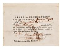 WOLCOTT, Oliver (1726-1797), signer of the Declaration of Independence and the Articles of the Confederation. Partially printed document signed ("Oliver Wolcott"), 15 March 1782.