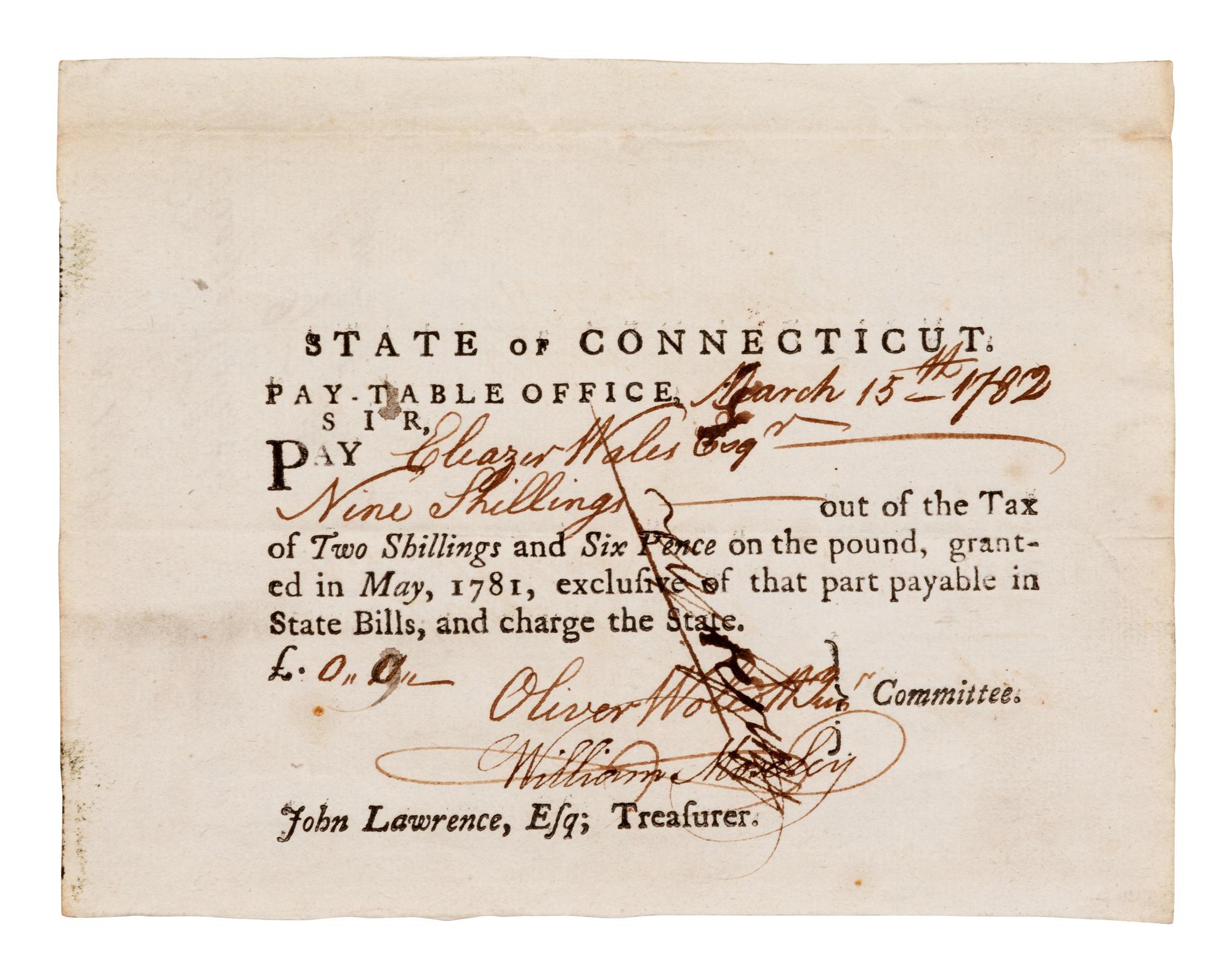 WOLCOTT, Oliver (1726-1797), signer of the Declaration of Independence and the Articles of the Confederation. Partially printed document signed ("Oliver Wolcott"), 15 March 1782.