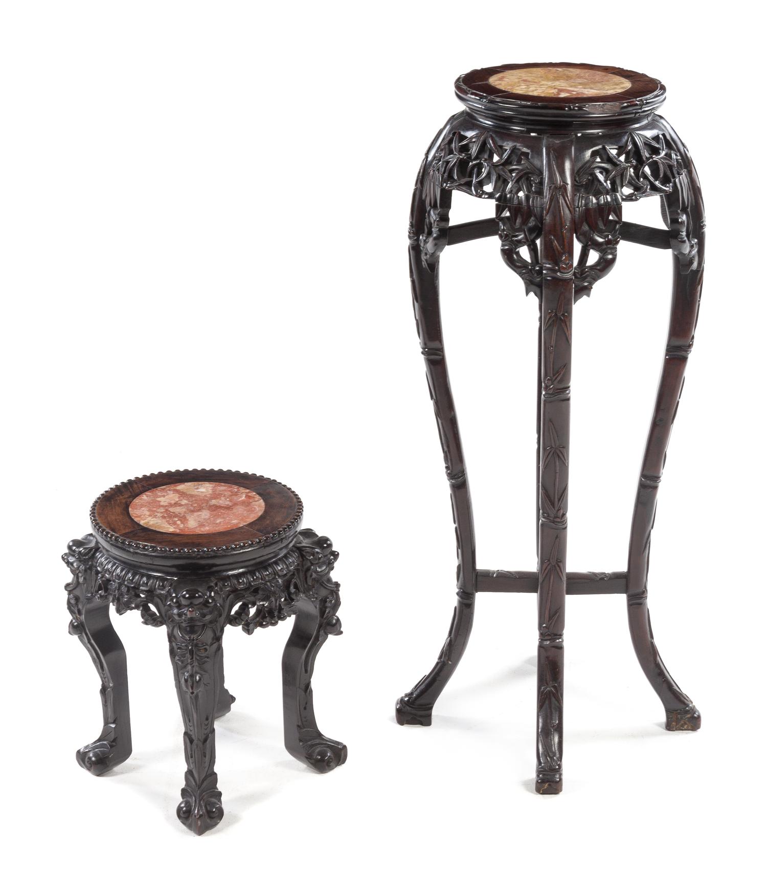 Two Chinese Marble Inset Hardwood Jardiniere Stands Height of taller example 35 5/8 inches. — 20TH CENTURY