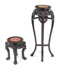 Two Chinese Marble Inset Hardwood Jardiniere Stands Height of taller example 35 5/8 inches. — 20TH CENTURY