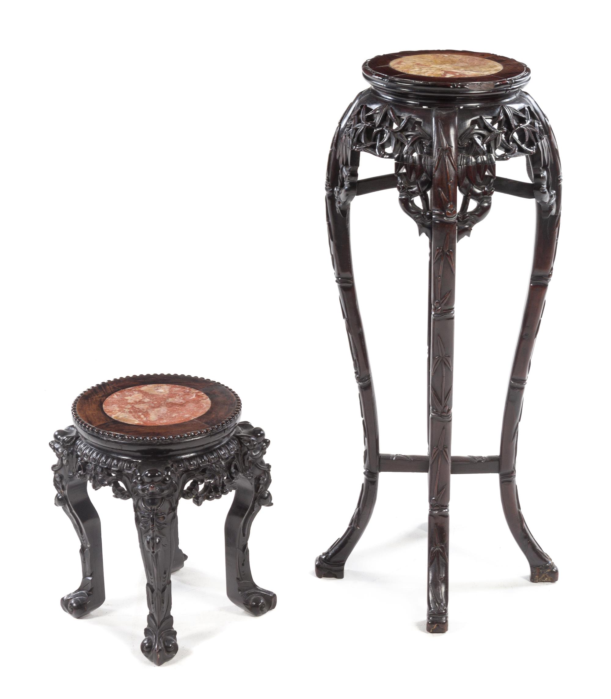 Two Chinese Marble Inset Hardwood Jardiniere Stands Height of taller example 35 5/8 inches. — 20TH CENTURY