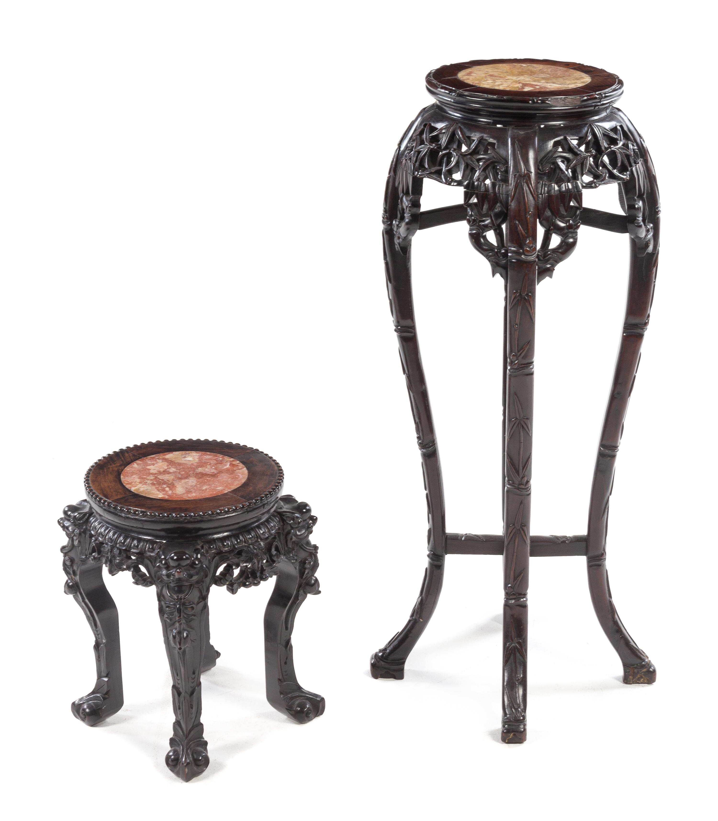 Two Chinese Marble Inset Hardwood Jardiniere Stands Height of taller example 35 5/8 inches. — 20TH CENTURY